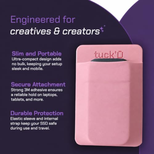 Image of Tuck'd Portable SSD Hard Drive Sleeve - Reusable Adhesive Laptop Mount - Stick-On External Storage Holder for MacBook & Tablets - Travel Pocket Pouch for SSD, Cables & Accessories (Pink)