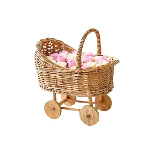 JOYWU Woven Rattan Stroller Shaped Basket, Vintage Carriage Flower Basket with Wooden Wheels & Handle, Handwoven Rustic Decor for Shower Wedding Centerpiece, Floral Arrangement, Home Decor (Small)