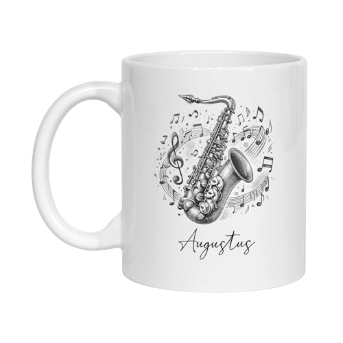 Personalized Name Saxophone Pencil Coffee Mug, Custom Coffee Cup Gifts For Saxophonist Saxophone Lovers, Saxophone Player Ceramic Mug Cup Gifts, Alto Saxophone Instrument Travel Mugs 11 Oz 15 Oz