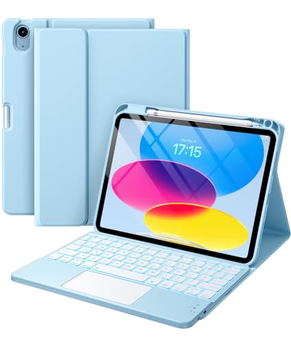 Harvopu Compatible for iPad 11th 10th Generation Case with Keyboard, Folio Cover with Pencil Holder, Multi-Touch Trackpad, 7 Color Backlit, Detachable Keyboard for iPad (A16) 11th/10th Gen (Sky Blue)