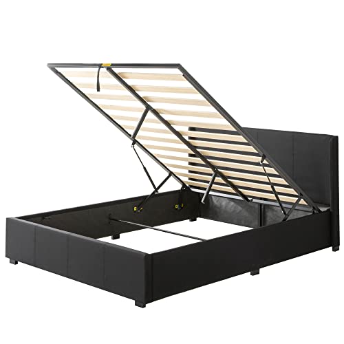 Zinus Maddon Polsterbett 140x200 cm mit Stauraum - 31 cm Hohes Bett mit Lattenrost aus Holz & Kopfteil - Hydraulischer Hebemechanismus & Stauraum - Schwarz