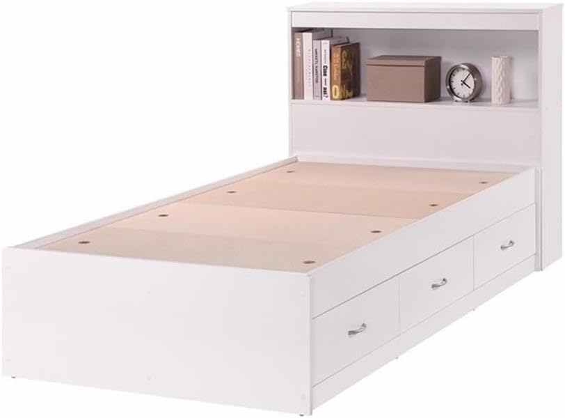 Pemberly Row Twin Size Captain Storage Bed with Bookcase Headboard, Durable Wood, White Finish, 3 Drawers, Metal Roller Glides, Space-Saving Design, Kids Bedroom Furniture, 35 in H x 41.4 in W x 75