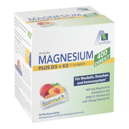 Magnesium 400 + D3 + K2 direkt mit leckerem Pfirsich-Maracuja Geschmack - Direktgranulat zur Einnahme ohne Wasser
