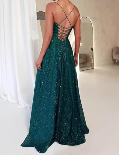 Spaghetti Straps Prom Dress with Slit Glitter Long Wedding Guest Dress A Line Cocktail Dress PM2713