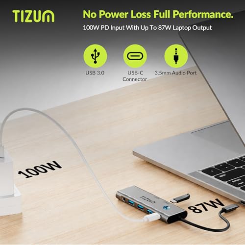 Image of Tizum 9-in-1 USB C HUB with 4K HDMI, On /Off Button, 100W PD Charging, USB C, USB 3.0 5Gbps, 2x USB 2.0, SD /TF Card Reader, 3.5mm Audio| Type C Multiport Adapter for MacBook Laptop, Tablet, Plug & Play