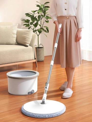 Image of Mevigo 360Spin Mop with Bucket|Dual Drive Floor Cleaning System with Stainless Steel Wringer|Super Absorbent Microfiber Heads 2 Refills Easy Self-Wringing MopSet for Home &Office (White, Round)