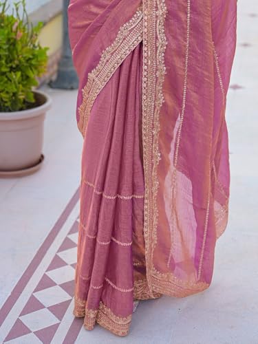 Image of Satrani Women's Shimmer Chiffon Scalloped Border Sequins Embroidery Saree with Unstitched Blouse Piece
