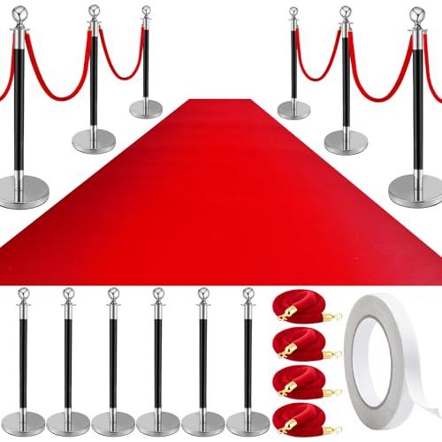 Pelopy Stanchion Posts Queue Crowd Control Stanchion Velvet Ropes Carpet Set, 38 in Post Sand Injection Hollow Base with Rope, Carpet for Party Museum(12 Pcs,Black, Silver,26 ft Carpet)