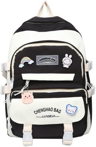 FPlace Laptop Backpack Shoulders Bag Schoolbag Travel Bag for Student Casual Cute Kawaii Y2K With Plush Bear Pendant Gift (Black)