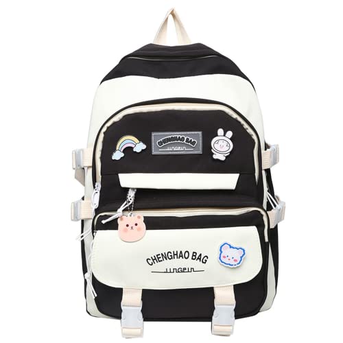 Fplace Laptop Backpack Shoulders Bag Schoolbag Travel Bag For Student Casual Cute Kawaii Y2K With Plush Bear Pendant Gift (Black) #TOP1
