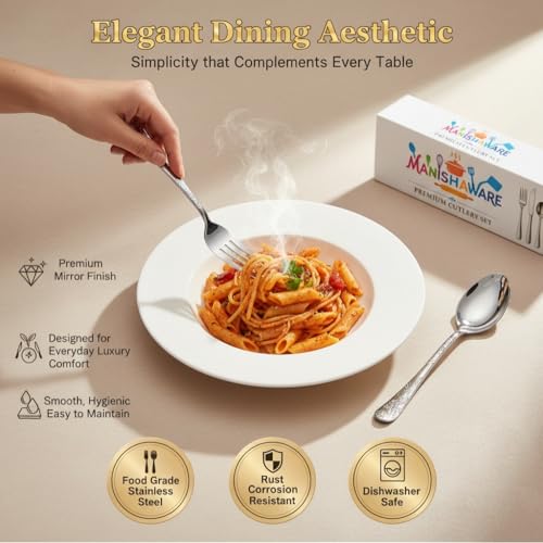 Image of Classic Silver 8 Pcs Stainless Steel Cutlery Set for Dining Table, Dishwasher Safe Glossy Flatware (Perfect Spoon Fork Set)