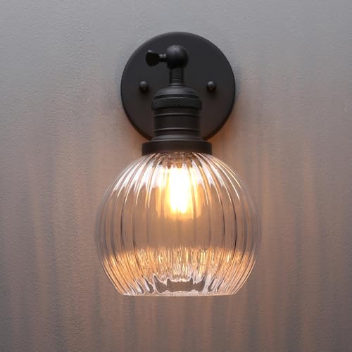 Image of PERMO Vintage Wall Sconce Indoor Adjustable Wall Sconce with Ribbed Globe Glass Shade Black Wall Light Fixtures for Hallway Bathroom Kitchen Living Room