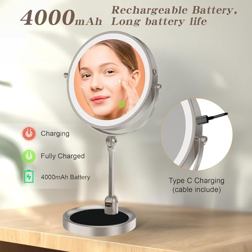 Rocollos Tabletop Makeup Mirror with Built-in Vanity Tray, 9" Rechargeable 4000mAh Lighted Vanity Mirror 1X/10X Magnification, Height-Adjustable Arm, 3 Color Dimmable (9Inch Nickel) — view 5