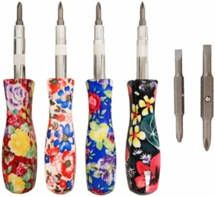 Gadgets Collection 7inch Long 6-in-1 Women's Floral Design Reversible Flathead & Phillips Screwdriver 14 & 516inch Nut Driver Phillips PH1 & PH2 Flathead Slotted 316 & 14inch , Multi Color