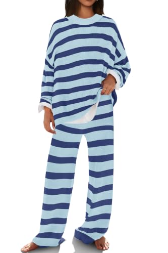 Image of SENSERISE Womens Striped Set Sweater Lounge Sets | Pajamas Set, Loungewear Set, Oversized Knit Sweater, Wide Leg Pants with Pockets, Fall Outfits, Pants Set
