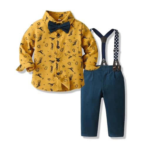 Image of Christmas Toddler Kids Boys Gentleman Clothing Sets Long Sleeve Cartoon Bowtie Shirts+Suspenders Pants Suits