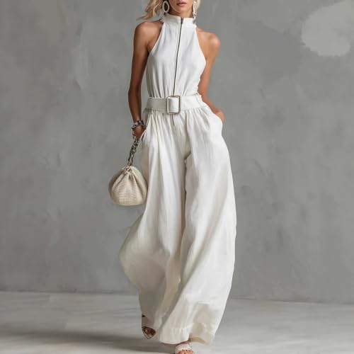 Mono elegante de pernera ancha para mujer con bolsillos y espalda descubierta 2