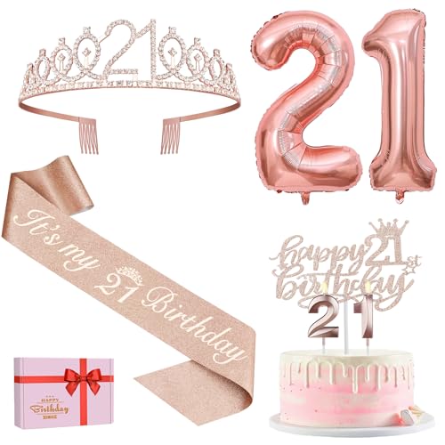 21st Birthday Decorations for Her Include 21st Birthday Sash and Tiara Cake Topper and Candles Number Balloons 21 Year Old Gifts for Her