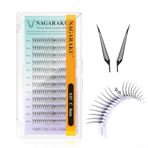 NAGARAKU Flying Comic Spire Ciglia Finte 240 Fans Design Monoblocco Manga Anime Wispy Volume Morbido Base Piatta e Punta Affilata Facile da Applicare con 24 Fans Farfalla + Fiore Lash (0.07 C 8mm)