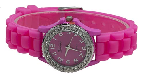 Women's Geneva Pink Platinum Silicone Rubber Jelly With Cz Crystal Rhinestones Face Bling Bezel #TOP7