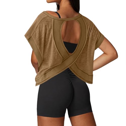 Image of UNIANKIYA Open Back Workout Tops for Women Loose Fit Athletic Crop Tee Short Sleeve Gym Running Yoga Shirt