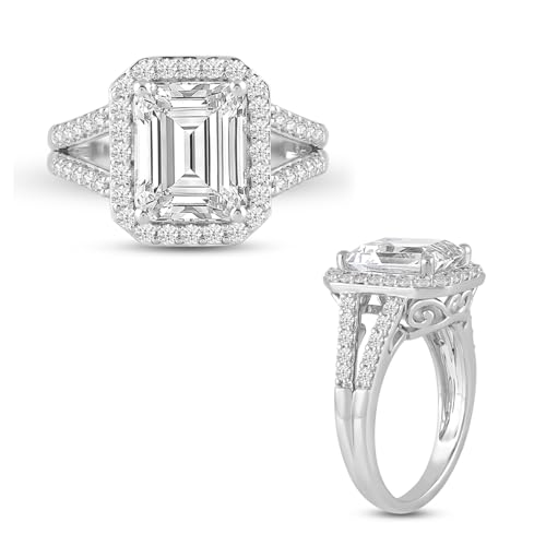 Jewelili Fine Silver Plate Octagonal & Round-cut Cubic Zirconia Halo Engagement Rings for Women