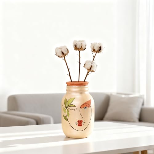 Image of Aakriti Art Creations Hand-Painted Face Art Terracotta Vase | Handmade Matte Multicolor Decorative Flower Vase | Modern Artistic Vase for Living Room Table Decor & Housewarming Gift