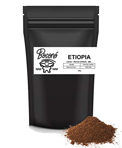 Boconó Specialty Coffee Ethiopië Sidamo Grade 1 Arabica wasproces, gemalen speciale koffie 250 g Hoogte tussen 2000m -2200m Natuurlijk gebraden Artisanaal Altijd vers Gemaakt in Spanje