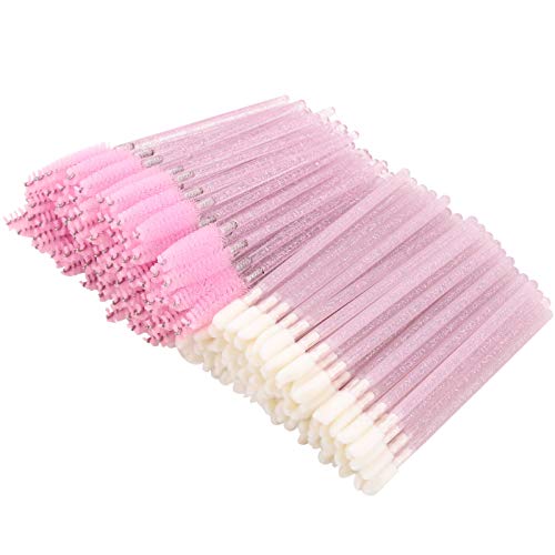 100PCS Eyelash Brush and 100PCS Lip Brush, Crystal Disposable Lipstick Applicator, Mascara Wand, Makeup Beauty Tool Kits (Pink)