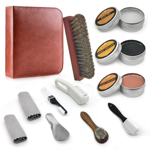 12PCS Leather Shoe Care Kit, Boot Polish Shoe Shine kit for Men & Women, Shoe Polish kit Black Brown Neutral Footwear Cleaning Brushes Set Travel