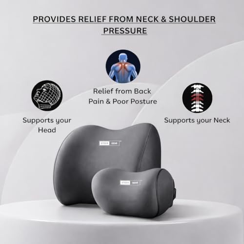 Image of Car Neck Rest Pillow & Lumbar Support Pillow - 100% Memory Foam Ultra Soft Car Seat Cushions | Relieves Neck & Back Pain While Reducing Driving Fatigue (Grey)