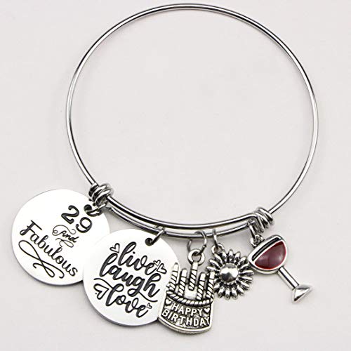 Birthday Gift For 29Th Girls Inspirational Cute Delicate Tiny Elegant Live Laugh Love Red Wine Glass Cake Sunflower Charms Expandable Bangle Bracelet For Daughter Sister Friend Her #TOP1