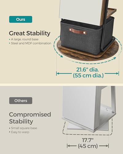 SONGMICS 360° Swivel Mirrored Jewelry Cabinet with Lights, Full-Length Mirror with Jewelry Storage, Standing Jewelry Armoire Organizer, with Large Storage Basket, Christmas Gifts,Rustic Brown