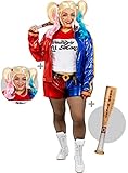 Funidelia | Harley Quinn Kostüm mit Perücke & aufblasbarem Schläger - Suicide Squad für Damen Superhelden - Kostüme für Erwachsene & Verkleidung für Partys, Karneval & Halloween - Größe XXL - Rot