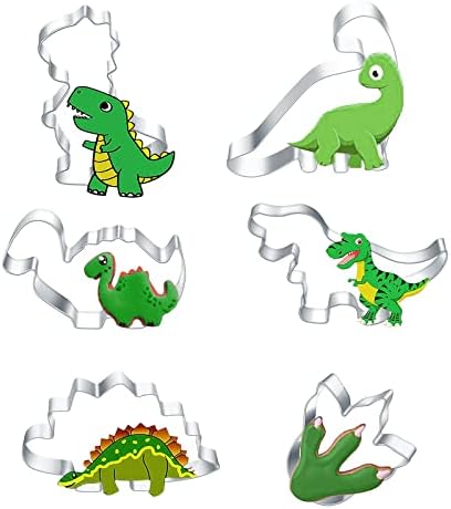 Kukifun Dinosaur Cookie Cutters 6 PCS,Dino Theme Shapes Metal Baking Molds for Kids Dinosaur Birthday Biscuit Chocolate Cake Sandwich DIY Making Party Supplies