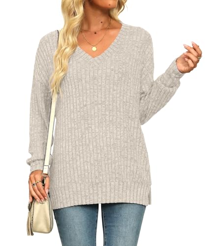 Womens Sweaters V Neck Long Sleeve Shirts Loose Casual Fall Fashion Sweatshirts2