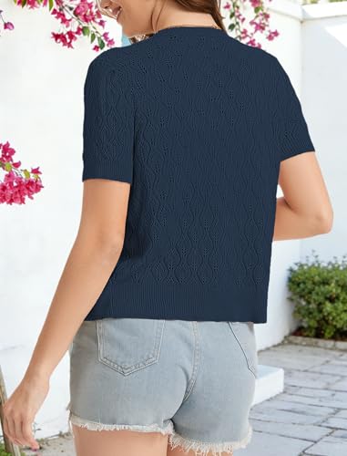 Short Sleeve Crochet Summer Cardigan Lightweight Open Front Cropped Button Up Sweater V Neck Hollow Out Beach Tops Navy Blue S — view 5
