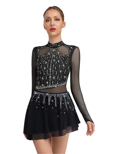 dPois Maillot Manga Larga De Patinaje Artístico para Mujer Leotardo De Ballet Clásica Gimnasia Vestido De Baile Bailarina Actuación Negro S