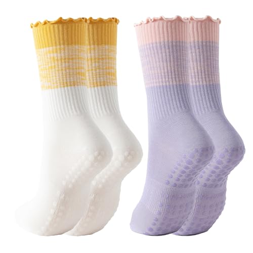 2/4 Pairs Pilates Socks with Grips for Women,Cute Grippy Yoga Non Slip Ruffle Sock for Ballet Barre Barefoot Hospital Workout