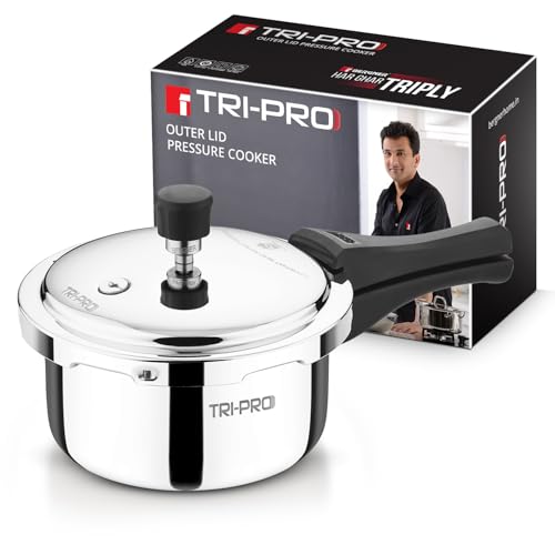 Image of Tripro Triply Stainless Steel Outer Lid Pressure Cooker, 2 Litres Pressure Cooker, Even Heat Distribution, Bakelite Sturdy Handle, Healthy Cooking, Easy to Clean - Induction and Gas Stove Ready