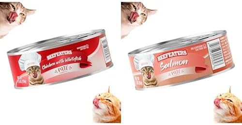 Beefeaters Cat Treats Bundle: Chicken Whitefish Pate 5.5oz (24-Pack) & Salmon Pate 3oz (24-Pack) - Premium Wet Cat Food with Essential Nutrients