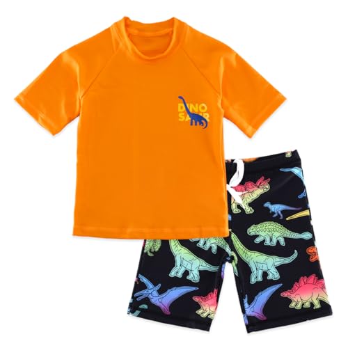 Image of Kids Short Sleeve Sunsuit Swimwear Boys Two Piece Rash-Guard-Sets Dinosaur Pattern
