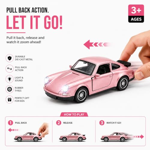 Image of 1:36 Scale Porscha 911 Die-Cast Alloy Toy Car - Pull-Back Metal Sports Car with Openable Doors, LED Lights & Sound - Collectible Model for Kids, Boys & Enthusiasts (Pink)