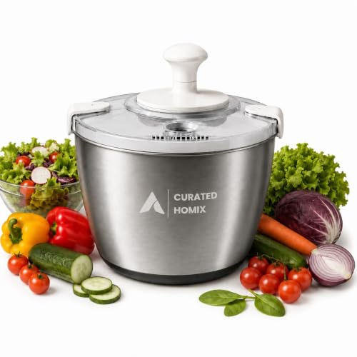 Stainless Steel Salad Spinner Large Capacity 6L – Hand Crank Vegetable Washer & Dryer, Drainage Spout, Non-Slip Base – Dishwasher Safe Kitchen Tool for Lettuce & Fruit by CURATED HOMIX - Used condition - US$44.59