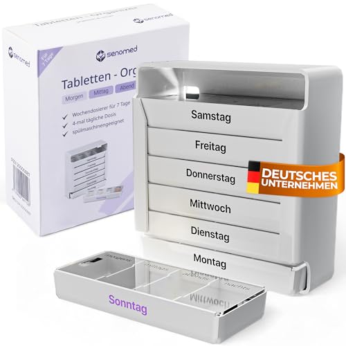 Senomed - Tabletten Organizer - Wochendosierer 7 Tage – Pillenbox mit 4 Fächern pro Tag morgens, mittags, abends, nachts – Medikamentendose zur Tablettenaufbewahrung – Tabletten Organizer & Pillendox