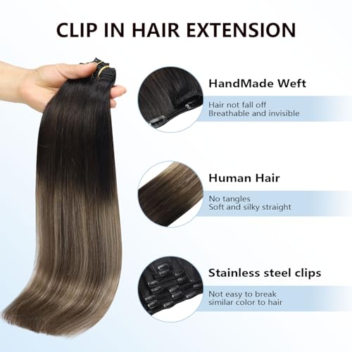 Image of COOKAYU Clip in Hair Extensions Human Hair, 1B /4 /27 Natural Black to Medium Brown and Caramel Blonde Real Hair Extensions Clip in Human Hair Thick Silky Straight Extension, 16inch 120g 7Pcs