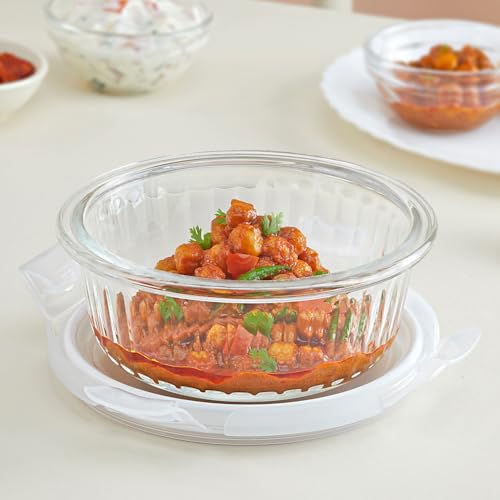 Image of Borosil 400 ml Fluted Klip N Store Round Food Storage Container with Air Tight Glass Lid | Borosilicate Glass Container for Lunchbox | Microwave & Dishwasher Safe | Transparent