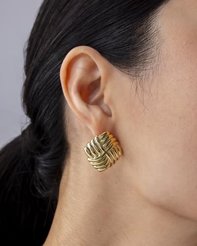 Image of PAVOI 14K Gold Plated Chunky Vintage Earrings for Women - Trendy Textured Ribbed Knot Geometric Triangle Rope Button Seashell Wing Dangle Drop Stud Earring