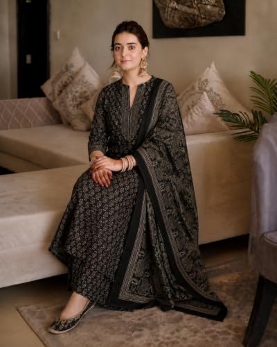 Image of GoSriKi Kurta Sets for Women Viscose Blend Printed | Kurti Set for Woman | Kurta Palazzo Dupatta Set | A Line Kurti | Mandarin Collar 3 /4 Sleeve Suit Set for Women Stylish Ethnic Outfit