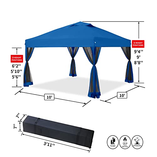 Crown Shades 10X10 Pop Up Canopy Outside Canopy With 4 Removable Nettings With Door,Patented One Push Tent Canopy With Wheeled Bag, Bonus 8 Stakes And 4 Ropes And 4 Weight Bags, Blue #TOP2